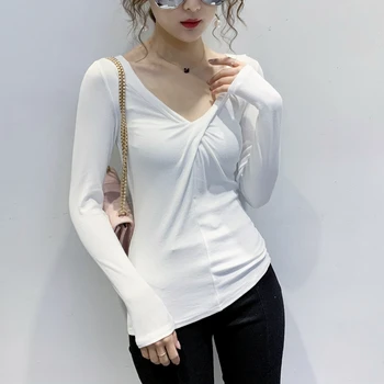 S-XXL Mujer de Manga Larga Casual Camisetas 2020 Fahsion Elegante Sexy Blanco Negro Tops coreana de Ropa de Invierno Básica de Algodón de la Camiseta de la