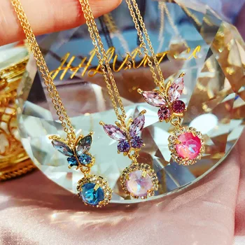 Colores de Cristal Mariposa Collar de Metal del Color del Oro de la Cadena de Brillantes diamantes de Imitación Colgante Gargantilla Collares para las Mujeres, las Niñas de la Joyería