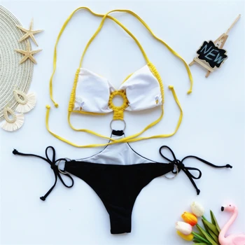 GNIM Vendaje Bikini trajes de baño de las Mujeres 2020 Sexy Costuras de Color de Traje de Baño de las Mujeres de Una sola Pieza sin Respaldo de la Alta Corte de Traje de baño Brasileño