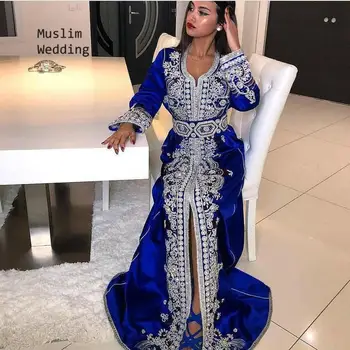 Nueva Llegada Azul Real De Noche Largos Vestidos De Kaftan Dubai Abaya Apliques De Encaje Vestidos De Noche 2020 Manga Larga Árabe Vestido De Fiesta