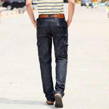 #1452 Hombre Denim Jeans de Carga de Longitud Completa Casual pantalones Vaqueros para Hombre de Gran Talla 42 44 Suelto Recta Jogger Jeans Sueltos Azul Multi-bolsillos