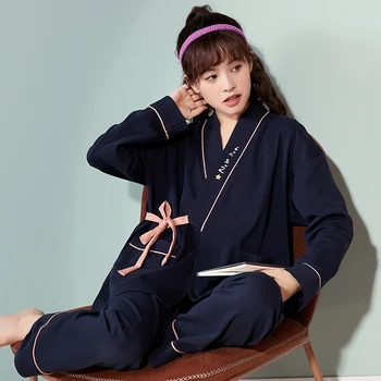Nuevo Kimono Correas de Estilo Pijama Conjunto primavera, Otoño Mujer Completa y Elegante ropa de dormir Ropa de Lleno Suave de Algodón de las Mujeres Pijama Conjunto