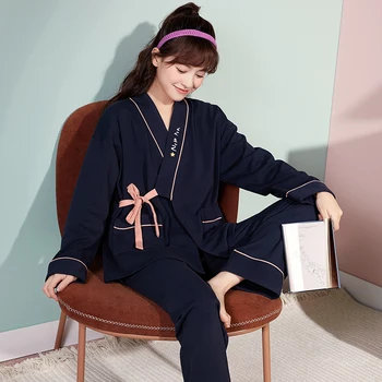 Nuevo Kimono Correas de Estilo Pijama Conjunto primavera, Otoño Mujer Completa y Elegante ropa de dormir Ropa de Lleno Suave de Algodón de las Mujeres Pijama Conjunto