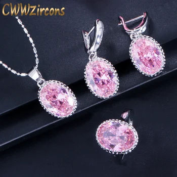CWWZircons Redondo de color Rosa Púrpura Anstrian de Cristal de las Señoras de la Joyería de la Joyería Conjuntos de 3 piezas CZ Colgante de Collar Aretes y Anillos T271