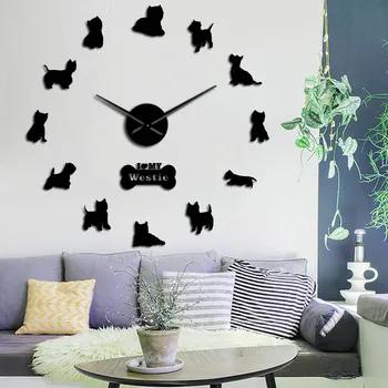 Westie Perro de Raza Largo Reloj de Mano 3D DIY West Highland Terrier Reloj de Pared Cachorro Animal Auto Adhesivo Grande de Acrílico del Reloj de Tiempo de Reloj