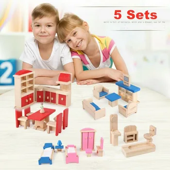 5 juegos de los Niños de Madera Muebles de casa de Muñecas en Miniatura de Juguete Para Muñecas de los Niños de la casa de Juego de mini conjuntos de muebles de Muñecas Juguetes de niño niñas regalos