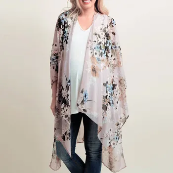 Largo kimono 2019 de la Moda de Primavera de la Mujer de la Blusa de Gasa Chal de Impresión Kimono Cardigan Cubierta Superior Hasta Blusa de ropa de playa
