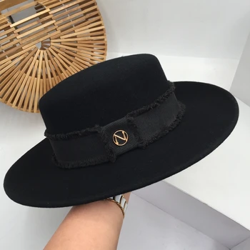 En Europa y el Británico clásico sombrero negro para las mujeres de lana de la moda femenina partido de la fase de marea plana sombrero Fedora