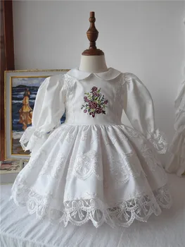 Niña De Otoño De Cumpleaños En El Verano De Novia De Manga Larga Rosa Blanca Emboidery Vintage Español Inglaterra Turco Vestido De Princesa Vestido De