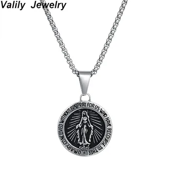 Valily de Oro de la Virgen María Medallón Collar Redondo de Acero Inoxidable Medalla Milagrosa de la Santísima Madre Colgante de Collares para las Mujeres de los Hombres