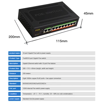10 puertos Gigabit POE Switch Incorporado en la fuente de alimentación de 120W VLAN aislada 1000mbps 8 Puerto POE+2Uplink Conmutador Ethernet fuente de Alimentación