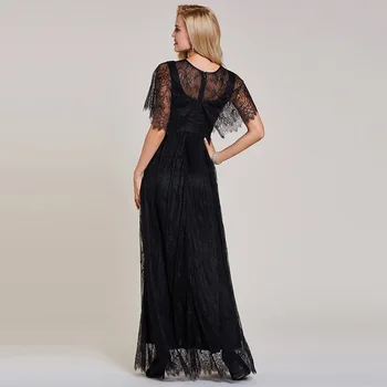 Dressv negro vestido de noche largo hoteles de cuello redondo de mangas cortas de encaje de la boda de fiesta formal vestido de una línea de vestidos de noche