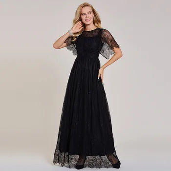 Dressv negro vestido de noche largo hoteles de cuello redondo de mangas cortas de encaje de la boda de fiesta formal vestido de una línea de vestidos de noche