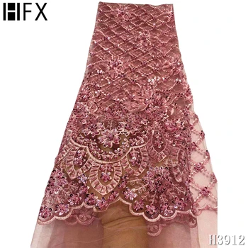 HFX de alta calidad, perlas de+ lentejuelas bordado de la tela de encaje de la armada Africana de cuentas de la tela de encaje de la boda vestido vestido de noche H3912