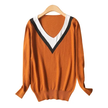 18 el otoño y el invierno de nuevo cuello en V suéter de lana de las mujeres suelta a corto suéter de coincidencia de color de los conjuntos de manga larga tocando fondo camisa