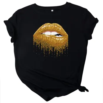 Algodón de Verano de las Nuevas Mujeres T-shirt O-Cuello de Harajuku de Oro Brillante de los Labios de Impresión Superior Casual Femenina camiseta de gran tamaño Tamaño S-5XL