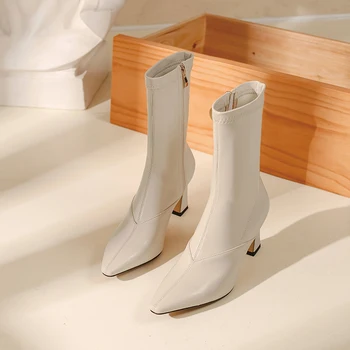 MORAZORA 2020 Gran tamaño 33-43 mujeres botas gruesos tacones punta del dedo del pie zapatos de las señoras de la temporada otoño-invierno de color sólido de tobillo botas