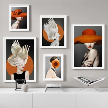 Resumen de la muchacha del sombrero de alas en la Cabeza de girasol Arte de la Pared de la Lona de Pintura Nórdica Posters Y Impresiones de Imágenes de la Pared Para Vivir Decoración de la Habitación