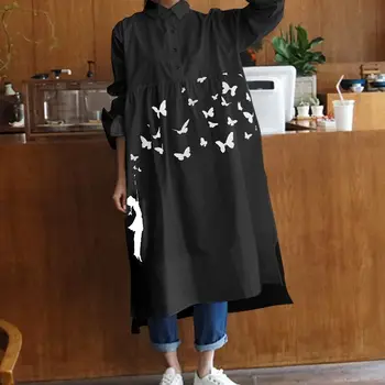 Celmia 2021 Otoño de la Mujer de Moda Vestido Midi de la Vendimia de la Mariposa de Impresión de Manga Larga de los Vestidos Asimétricos Suelto Vestidos Túnica S-5XL