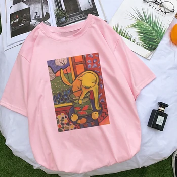 Vogue Divertido Matisse Camiseta de Verano de las Mujeres de Impresión de color Rosa T-camisa Casual de Más el Tamaño de Ropa Tops Harajuku Vintage Letra de la Mujer T-shirt