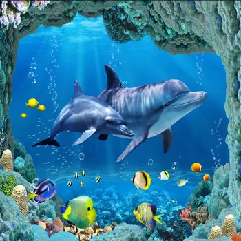Fotos personalizados de Papel de Pared 3D Estéreo Mundo Submarino Delfines 3D de las Baldosas del Piso Murales cuarto de Baño Sala de estar PVC de la prenda Impermeable Fondos de pantalla