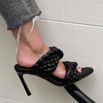 De Piel Blanca Tejida Sandalias De Las Mujeres Peep Toe De Doble Correa Delgado Zapatos De Tacón De Mujer Sexy Mulas Zapatillas