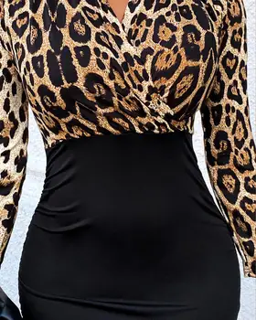 2021 Año Nuevo De Las Mujeres Del Leopardo Impreso Mini Vestido De Patchwork Cheetah Print V-Cuello De Manga Larga Vestido De Cuello En V Parte Femme Vestido