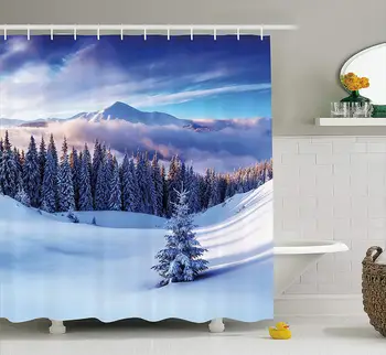 Invierno Decoraciones de la Cortina de la Ducha Surrealista Paisaje de Invierno con Altos Picos de la Montaña y la Nieve de los Árboles de Pino