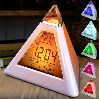 7 Colores LED Pirámide Reloj despertador Digital de Repetición de alarma Reloj de Mesa de Noche, la Luz de la Pantalla de Temperatura de Decoración para el Hogar Relojes
