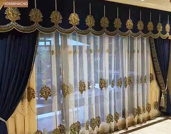 Personalizado cortinas de Palacio Europeo de terciopelo bordado de la sala de gama alta de paño azul apagón cortina de tul cenefa drapeada B691
