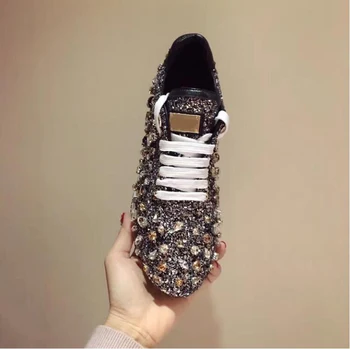 Stylesowner de Lujo de diamantes de Imitación de Zapatillas de deporte con cordones de bling bling Color Mezclado Plana Zapatos de Cristal Paillette Acogedor de la Mujer Casual Zapatos Nuevos
