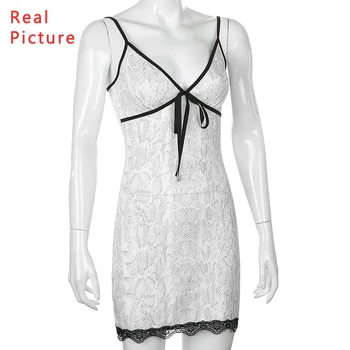 Missnight Moda Straped Colarse Impresión Mini Vestido de las Mujeres Vestido de Cuello en V Profundo, Negro, Blanco de Encaje de a-line sin Respaldo Streetwear
