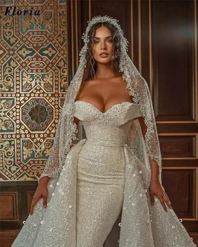 De lujo de la Iglesia Vestidos de Novia con cola Desmontable 2021 Lentejuelas con Cuentas árabe Vestido de Novia de Sirena de Dubái en árabe Robes De Mariée