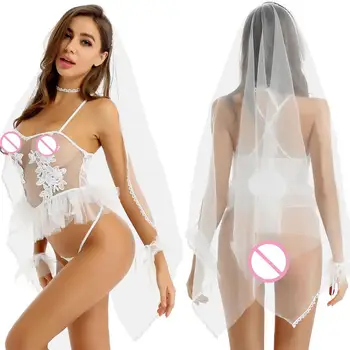 Womens Erótica Cosplay Traje de Novia Sexy Conjunto de Lencería de Encaje transparente Mini Bodycon Vestido de Novia con G-string Escritos de Velo
