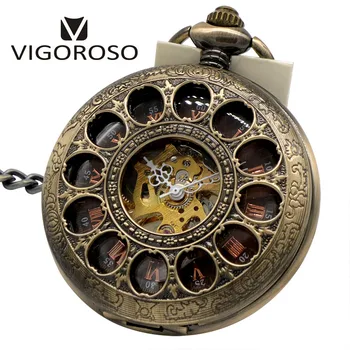 Los hombres de Antigüedades de la Mano de Viento de Bolsillo Mecánico Reloj de los Hombres de la Moda Cool de Madera de línea Steampunk del Vintage Esqueleto Reloj de Bolsillo Colgante de Regalos