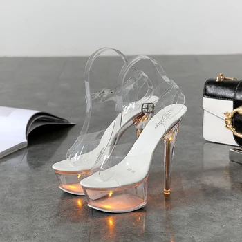 2021 Mujeres Más el Tamaño de 15cm de Tacón Alto Sexy Transparente de PVC brillará Sandalias de Plataforma de 5cm Bombas Fetiche de Cristal Striptease Zapatos