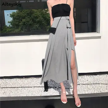 Faldas Para Mujer De Verano Sólido Arco Lado De La Rendija De La Mediados De-Becerro Sexy Dama De La Alta Cintura De Cordón Hasta Casual Suelto Femenina Elegante Elegante Cómoda De 2020
