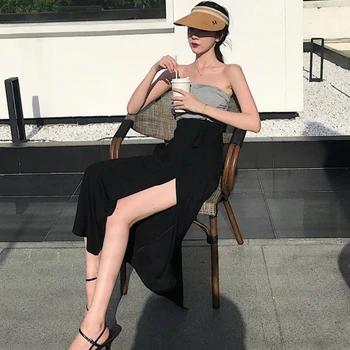 Faldas Para Mujer De Verano Sólido Arco Lado De La Rendija De La Mediados De-Becerro Sexy Dama De La Alta Cintura De Cordón Hasta Casual Suelto Femenina Elegante Elegante Cómoda De 2020