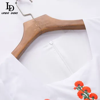 LD LINDA DELLA Otoño Diseñador de Moda Mini de Algodón Vestido de las Mujeres de manga Larga Hermoso Bordado de Flores Elegante Vestido Blanco de 2020