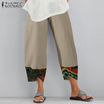 Verano Floral Impreso Pantalones ZANZEA de la Vendimia de Bohemia Ancho de la Pierna de los Pantalones de las Mujeres Casual Elástico de la Cintura de Algodón Harén Pantalon Nabo
