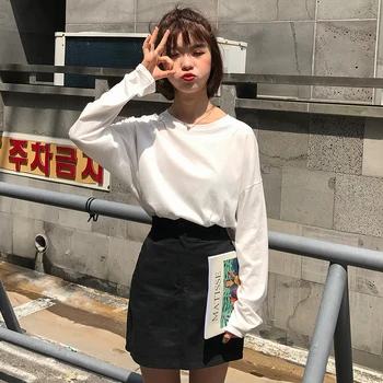 8 colores de 2018 estilo preppy de la mujer tops de estilo coreano básico de color sólido o de cuello de manga larga camisetas mujer camiseta de la camisa de femme B1247
