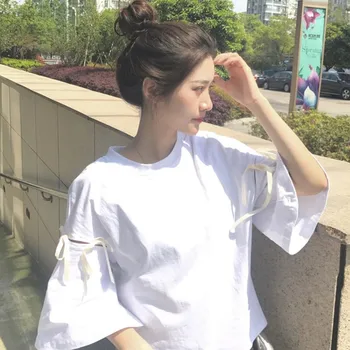 Camisetas de las Mujeres 2020 Nuevo Estilo Suelto de Tres Cuartos de Sólidos Dulce de Mujer de corea del Estilo de Todos los Partido de la Llamarada de la Manga O-cuello del Cordón suave