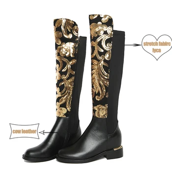 WETKISS Plus Size de Lujo de Diseño de Zapatos de las Mujeres Bling de Oro de Lentejuelas de la Rodilla Botas Altas de Cuero Genuino Tramo de Fiesta Otoño Invierno de Arranque