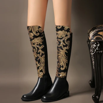 WETKISS Plus Size de Lujo de Diseño de Zapatos de las Mujeres Bling de Oro de Lentejuelas de la Rodilla Botas Altas de Cuero Genuino Tramo de Fiesta Otoño Invierno de Arranque