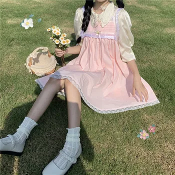 Nueva Blusa De Lolita+Vestido De Color Rosa Japonesa Kawaii Ropa Sweet Lolita Cosplay Traje De Fiesta Loli Europea Ropa Set De Dos Piezas 4260