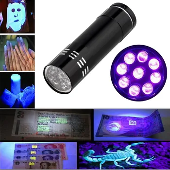 QIOQIAODIY Nuevo de la Moda de Alta Calidad Mini de Aluminio UV Ultra Violeta 9 LED Linterna de luz negra Luz de la linterna de la Lámpara de Envío de la Gota