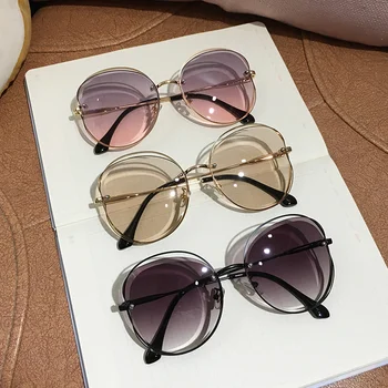 Nueva ronda de gafas de sol de las mujeres de gran tamaño gafas de 2020 gradiente de color castaño rosado, sin montura gafas de sol para mujer de regalo de la Marca del Diseñador uv400
