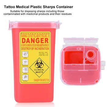 Portátil 1L Médicos de Plástico Duro Tatuaje de Residuos de la Caja de Tapa abatible Médicos Contenedor de objetos punzantes Biohazard Agujas Disposición Amarillo/Rojo