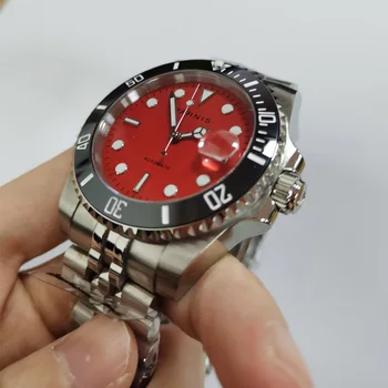 Parnis 40mm Rojo Dial de Reloj Automático Mecánico de los Hombres Brazalete de Acero Negro Bisel de Cerámica Miyota 8215 Movimiento de los Hombres Relojes de 2020