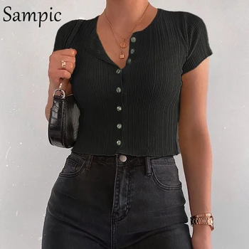 Sampic moda mujeres sexy club chaleco básico de fuera que se visten de negro la parte superior del tanque casual camis de verano o de cuello de parte de los cultivos tops de punto recortada tees